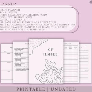 May include: A collection of printable SLP planner pages in a soft pink color scheme. The planner includes templates for weekly and daily planning, evaluation forms, and progress tracking. The text "SLP PLANNER" is displayed prominently.