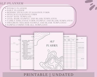 May include: A collection of printable SLP planner pages in a soft pink color scheme. The planner includes templates for weekly and daily planning, evaluation forms, and progress tracking. The text "SLP PLANNER" is displayed prominently.