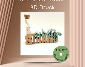 3D print file, STL or 3MF, lettering "BEACH TREASURES", vacation, maritime, for 3D printers, e.g. Bambulab etc., more in the shop