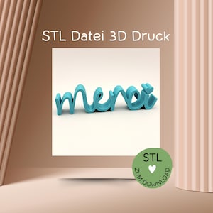 May include: A 3D-printed, turquoise-colored "merci" script, set against a neutral backdrop. The image includes the text "STL Datei 3D Druck" and a green circle with "STL Zum Download" and a heart symbol.