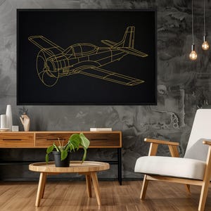 Arte de pared inspirado en el avión estadounidense T-6: bordado con puntadas en cuero negro - Marca ER56Design