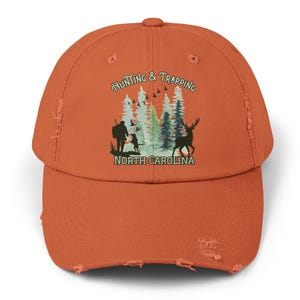 Hunting Trapping North Carolina Unisex Distressed Cap, NC Hunting Hats, NC Trapping Baseball Hat, NC Gameland Hat, Hunter gift, Trapper gift