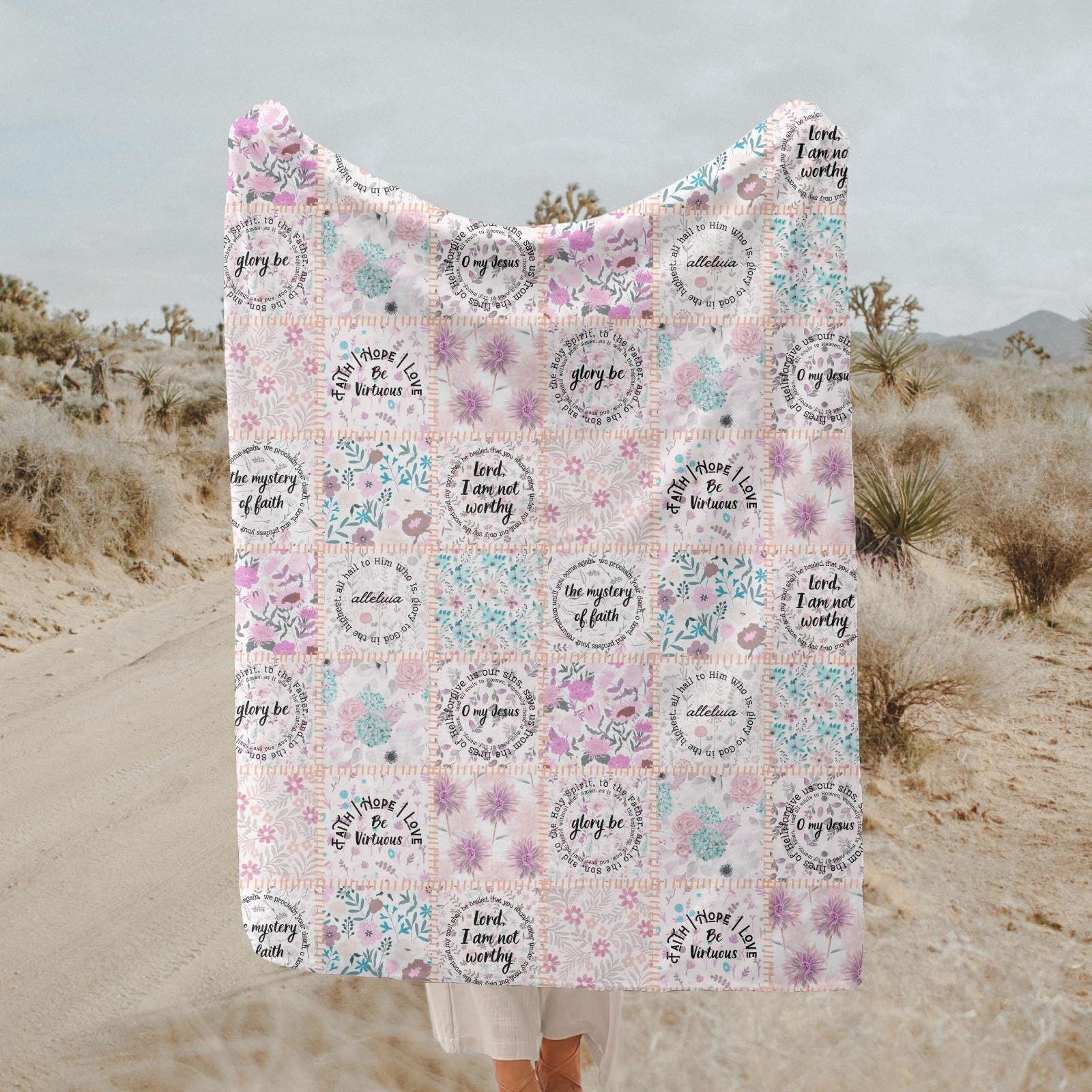 Christian Velveteen Plush Blanket, Catholic Blanket, Boho Christian Blanket, Patchwork Design Religious Blanket, Faith Throw Blankets