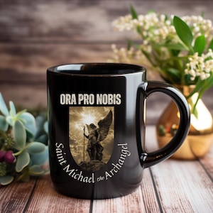 Saint Michael Prayer Black Mug (11oz, 15oz), St Michael Mug, Archangel Mug, Catholic saint mug, Catholic coffee mug, Christian religious mug