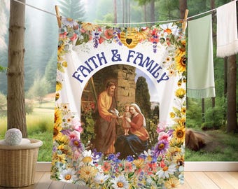 Faith & Family Velveteen Plush Blanket, Christian Family Blanket, Holy Family Blanket, Mary Joseph Jesus Blanket, Catholic Summer Throw