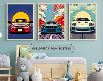 Könnte beinhalten: Drei farbenfrohe Poster mit Comic-Illustrationen von Autos. Die Poster sind in Holz gerahmt und haben einen weißen Hintergrund. Der Text "CHILDREN'S ROOM POSTERS" ist am unteren Rand des Bildes sichtbar.