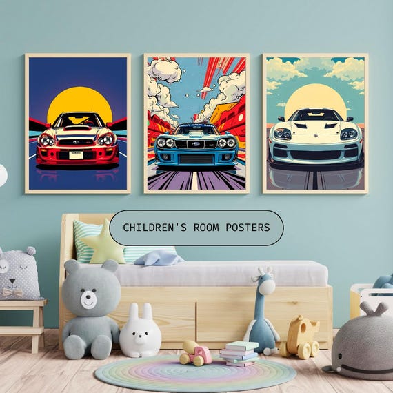 Retro Race Car Wall Art Prints Set of 4 Digital Download, Kids Room Decor, Boys Bedroom Wall Decor Dorm Mancave Posters Racing Car Printable