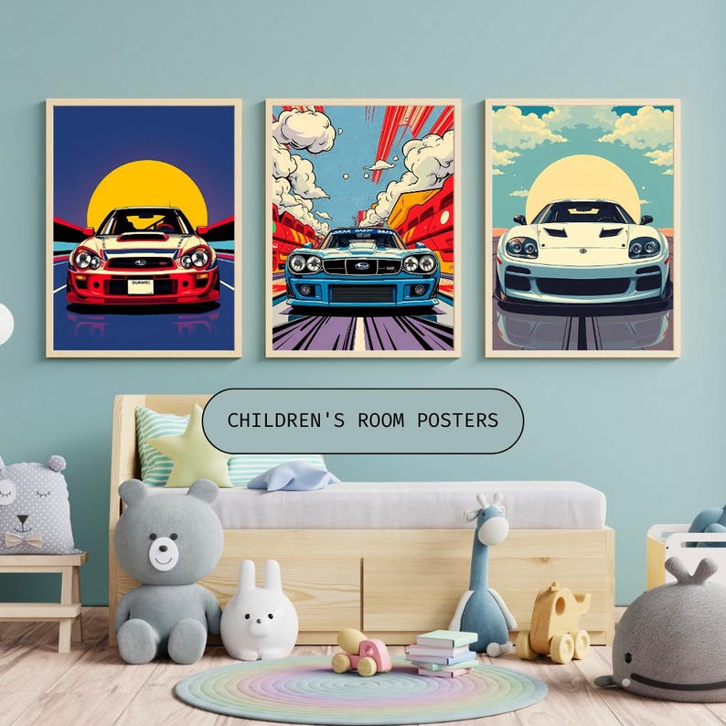 May include: Three colorful posters featuring cartoon illustrations of cars. The posters are framed in wood and have a white background. The text "CHILDREN'S ROOM POSTERS" is visible at the bottom of the image.