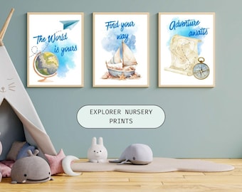 Lot de 3 oeuvres d'art mural pour chambre d'enfant, décoration de chambre petit explorateur, impressions boussole carte bateau, oeuvre d'art murale voyage voyage, chambre de petit garçon