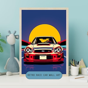 May include: A retro-style illustration of a red, white, and blue Subaru Impreza WRX STI race car with a yellow sun in the background. The car has a "SUBARC" sticker on the front bumper. The text "RETRO RACE CAR WALL ART" is at the bottom of the image.