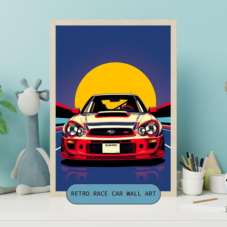 May include: A retro-style illustration of a red, white, and blue Subaru Impreza WRX STI race car with a yellow sun in the background. The car has a "SUBARC" sticker on the front bumper. The text "RETRO RACE CAR WALL ART" is at the bottom of the image.