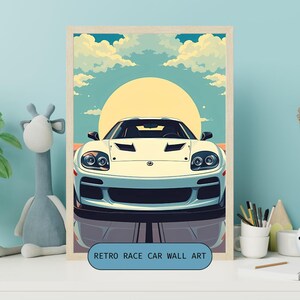 May include: A white retro race car with a yellow sun and clouds in the background. The text "RETRO RACE CAR WALL ART" is at the bottom of the image.