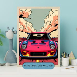 May include: A retro-style illustration of a pink race car with blue accents driving on a red and yellow road. The car is surrounded by white clouds with orange highlights. The text "RETRO RACE CAR WALL ART" is at the bottom of the image.