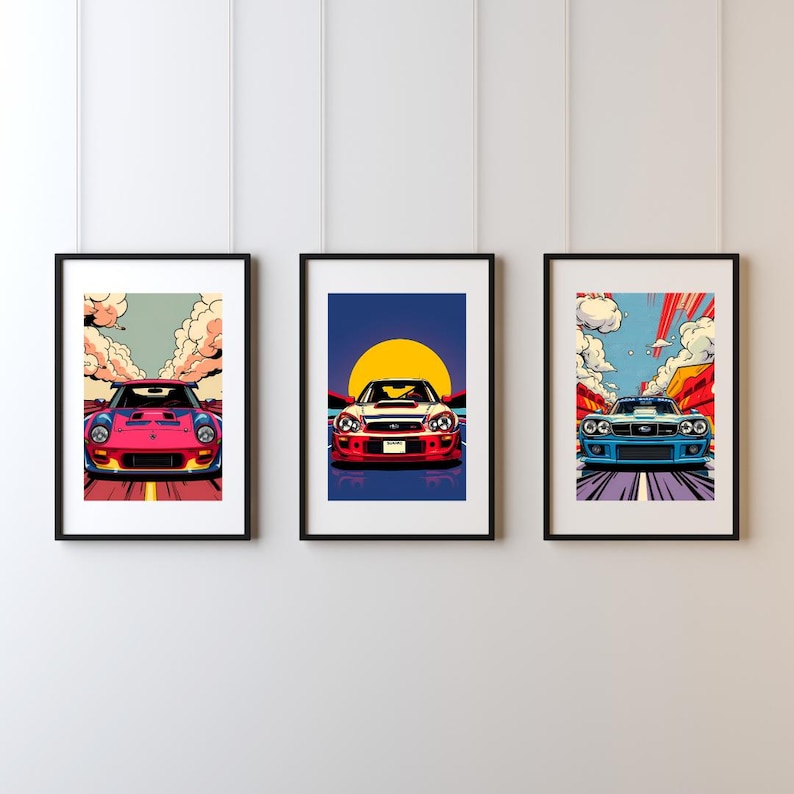 May include: Three framed prints of colorful illustrations of cars driving on a road. The first print features a red car with a blue and white interior, the second print features a white car with a red and black interior, and the third print features a blue car with a white and red interior.