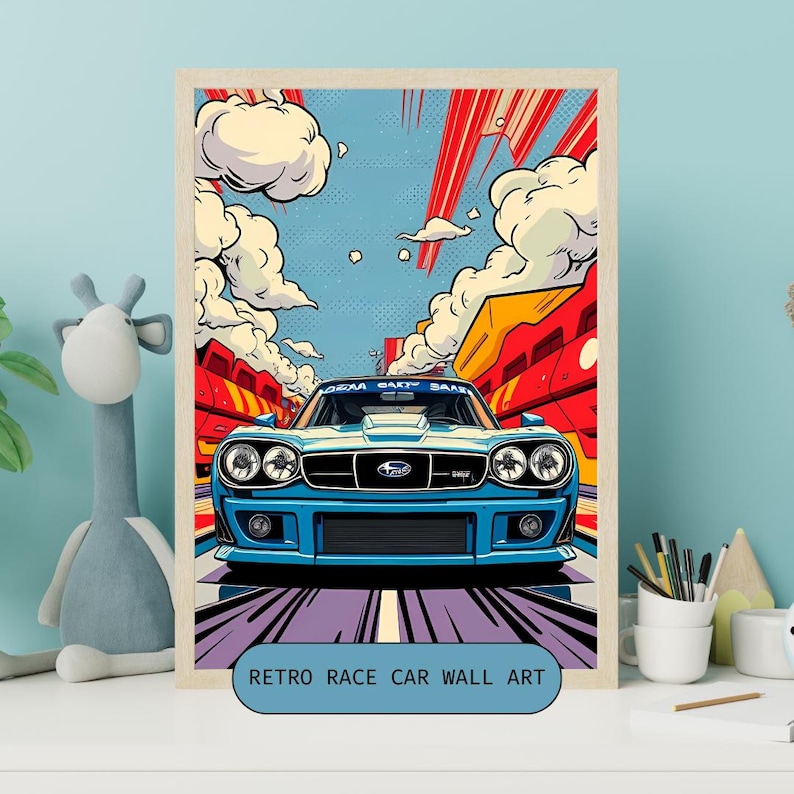 May include: A retro-style illustration of a blue race car with a white stripe and the text "TEAM CART SAK" on the hood. The car is driving on a road with a checkered finish line. The background is a colorful comic book style with clouds and red and yellow buildings.