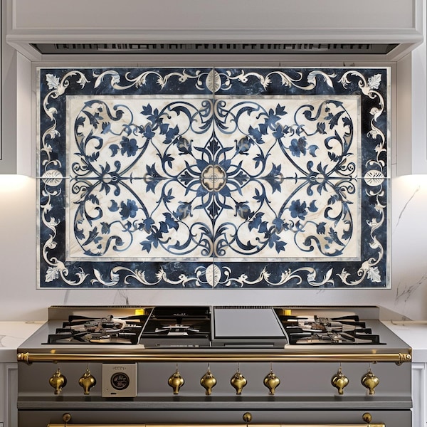 Baroque and Rococo Style Kitchen Backsplash, Tempered Glass Backsplash Behind Stove, Copper Design Kitchen Backsplash , Shatterproof, Rustic