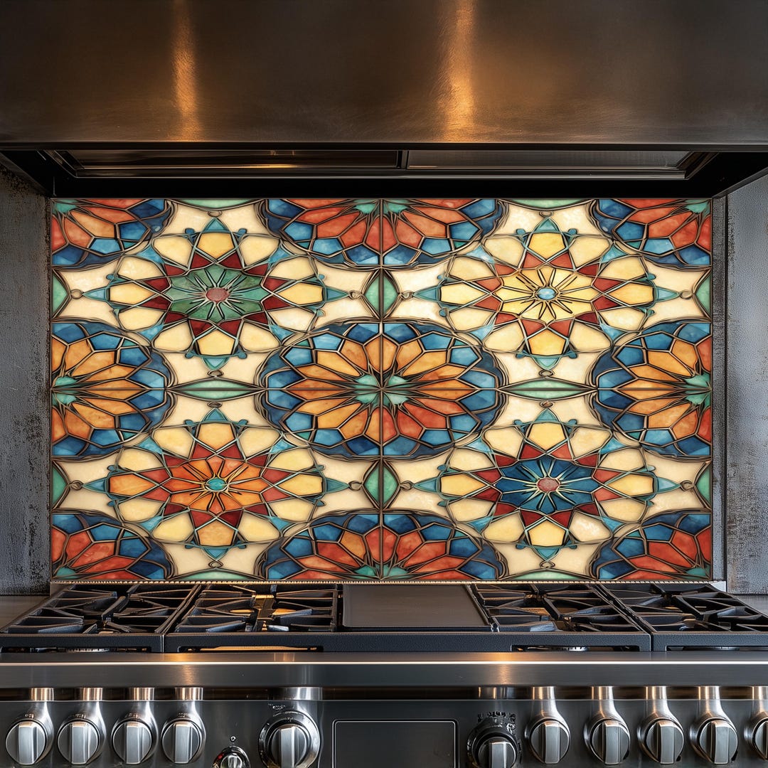 Moroccan Stained Glass Watercolor Artwork Kitchen Backsplash, Tempered ...