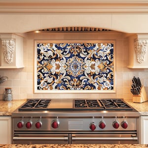 Baroque and Rococo Style Kitchen Backsplash, Tempered Glass Backsplash Behind Stove, Copper Design Kitchen Backsplash , Shatterproof, Rustic