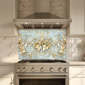 Baroque and Rococo Style Kitchen Backsplash, Tempered Glass Backsplash Behind Stove, Copper Design Kitchen Backsplash , Shatterproof, Rustic