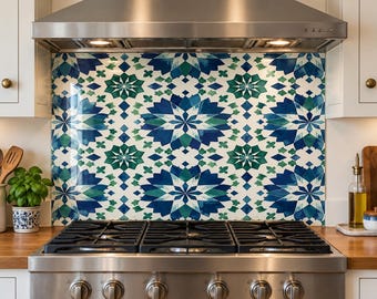 Moroccan Pattern Tile Design Tempered Glass Kitchen Backsplash, Artistic, Heat Resistant, Behind Stove, Quality Wall Decor, Customizable
