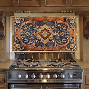 Baroque and Rococo Style Kitchen Backsplash, Tempered Glass Backsplash Behind Stove, Copper Design Kitchen Backsplash , Shatterproof, Rustic