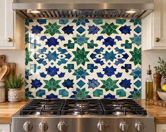Moroccan Pattern Tile Design Tempered Glass Kitchen Backsplash, Artistic, Heat Resistant, Behind Stove, Quality Wall Decor, Customizable
