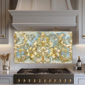 Baroque and Rococo Style Kitchen Backsplash, Tempered Glass Backsplash Behind Stove, Copper Design Kitchen Backsplash , Shatterproof, Rustic