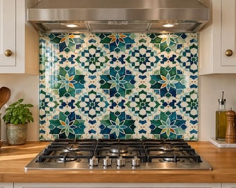Moroccan Pattern Tile Design Tempered Glass Kitchen Backsplash, Artistic, Heat Resistant, Behind Stove, Quality Wall Decor, Customizable