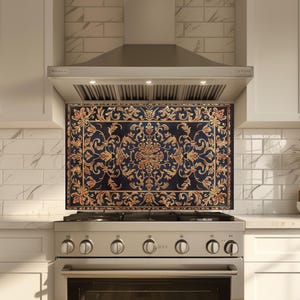 Baroque and Rococo Style Kitchen Backsplash, Tempered Glass Backsplash Behind Stove, Copper Design Kitchen Backsplash , Shatterproof, Rustic