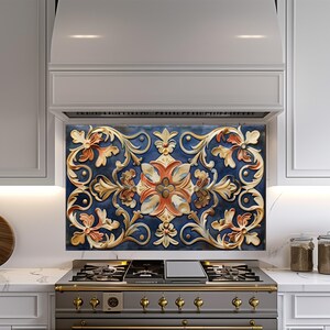 Baroque and Rococo Style Kitchen Backsplash, Tempered Glass Backsplash Behind Stove, Copper Design Kitchen Backsplash , Shatterproof, Rustic
