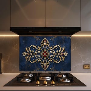 Baroque and Rococo Style Kitchen Backsplash, Tempered Glass Backsplash Behind Stove, Copper Design Kitchen Backsplash , Shatterproof, Rustic