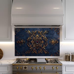 Baroque and Rococo Style Kitchen Backsplash, Tempered Glass Backsplash Behind Stove, Copper Design Kitchen Backsplash , Shatterproof, Rustic
