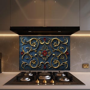 Baroque and Rococo Style Kitchen Backsplash, Tempered Glass Backsplash Behind Stove, Copper Design Kitchen Backsplash , Shatterproof, Rustic