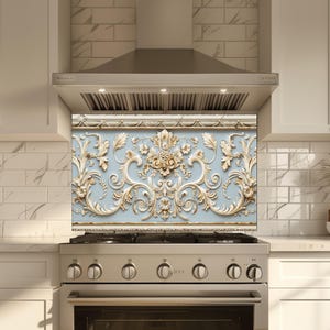 Baroque and Rococo Style Kitchen Backsplash, Tempered Glass Backsplash Behind Stove, Copper Design Kitchen Backsplash , Shatterproof, Rustic