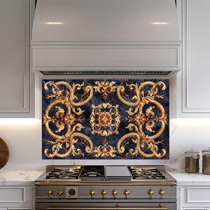 Baroque and Rococo Style Kitchen Backsplash, Tempered Glass Backsplash Behind Stove, Copper Design Kitchen Backsplash , Shatterproof, Rustic