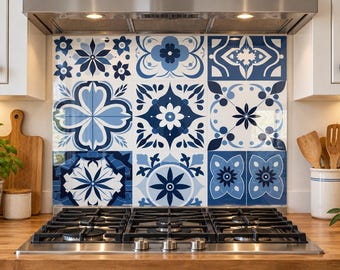 Moroccan Tile Tempered Glass Kitchen Backsplash, Floral Art