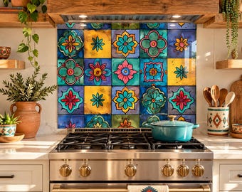 May include: A kitchen backsplash featuring a grid of square tiles with colorful floral and geometric patterns in shades of teal, yellow, pink, and blue, positioned behind a stainless steel gas stove with a teal pot and a patterned towel.