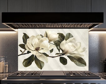 White Magnolia Flowers Design Tempered Glass Kitchen Backsplash, Artistic, Heat Resistant, Behind Stove, Quality Wall Decor, Customizable