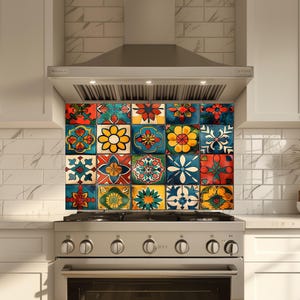 Azulejos de Talavera mexicanos, vidrio templado para salpicadero de cocina