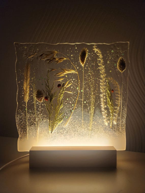Handmade Dried Herb Epoxy Resin Lamp: Botanical LED Night Light