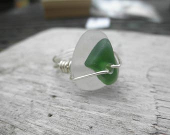 Dark Green and White Beach Glass Ring size 7 Lake Erie Ohio