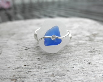 Cobalt Blue and White Beach Glass Ring size 7.5