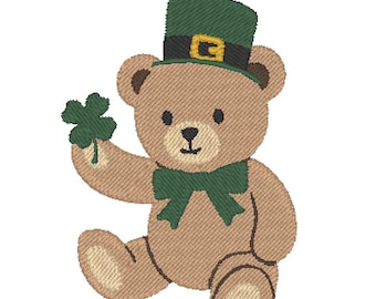 St Patricks Day Teddy Bear Clover Lucky Irish Preppy Southern Embroidery Design MULTIPLE SIZES 4x4 5x7 Digital Instant Download