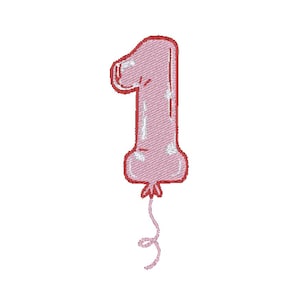 May include: A pink number one balloon with a red outline and a curly string. The balloon is a light pink color with white highlights and a red outline. The balloon is designed to look like it is made of fabric.