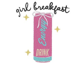 Girl Breakfast Energy Drink Girly Bow Coquette Embroidery Design File MULTIPLE SIZES Digital (Instant Download)