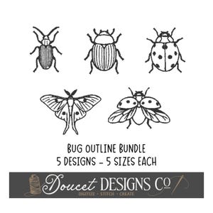 May include: A collection of five black line art insect illustrations including a beetle, a ladybug, and a moth. Below the insects, the text reads BUG OUTLINE BUNDLE 5 DESIGNS - 5 SIZES EACH. A dark banner at the bottom displays Doucet Designs Co.