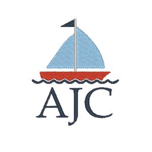 May include: A blue and red sailboat with a white sail and a black flag, on a blue wavy line, with the letters AJC underneath.