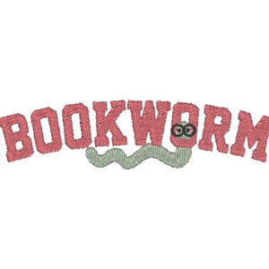 May include: Embroidered design of the word "BOOKWORM" in pink with a gray worm wearing glasses.
