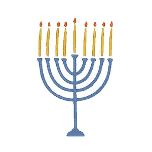 May include: A blue menorah with nine yellow candles, each topped with an orange flame. The candle holder has a curved design and a base. The image is a simple illustration on a white background.