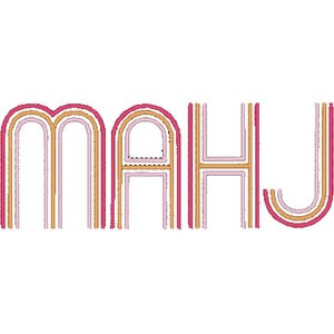 May include: The word "MAHJ" in a retro font style. The letters are outlined in a layered design with pink, gold, and white colors. The letters are thick and bold, with a playful and decorative appearance.